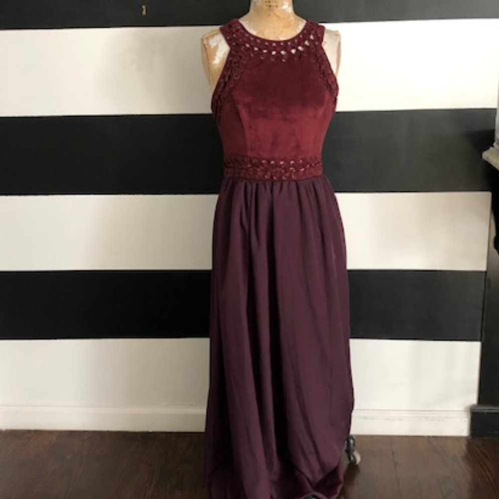 Burgundy ALLI K  Faux Suede and Silk Gown with Detailed neckline Size S